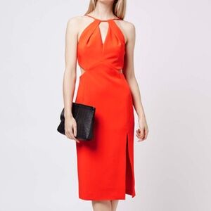 Cutout Halter Midi Cocktail Dress Orange Slit Open Back